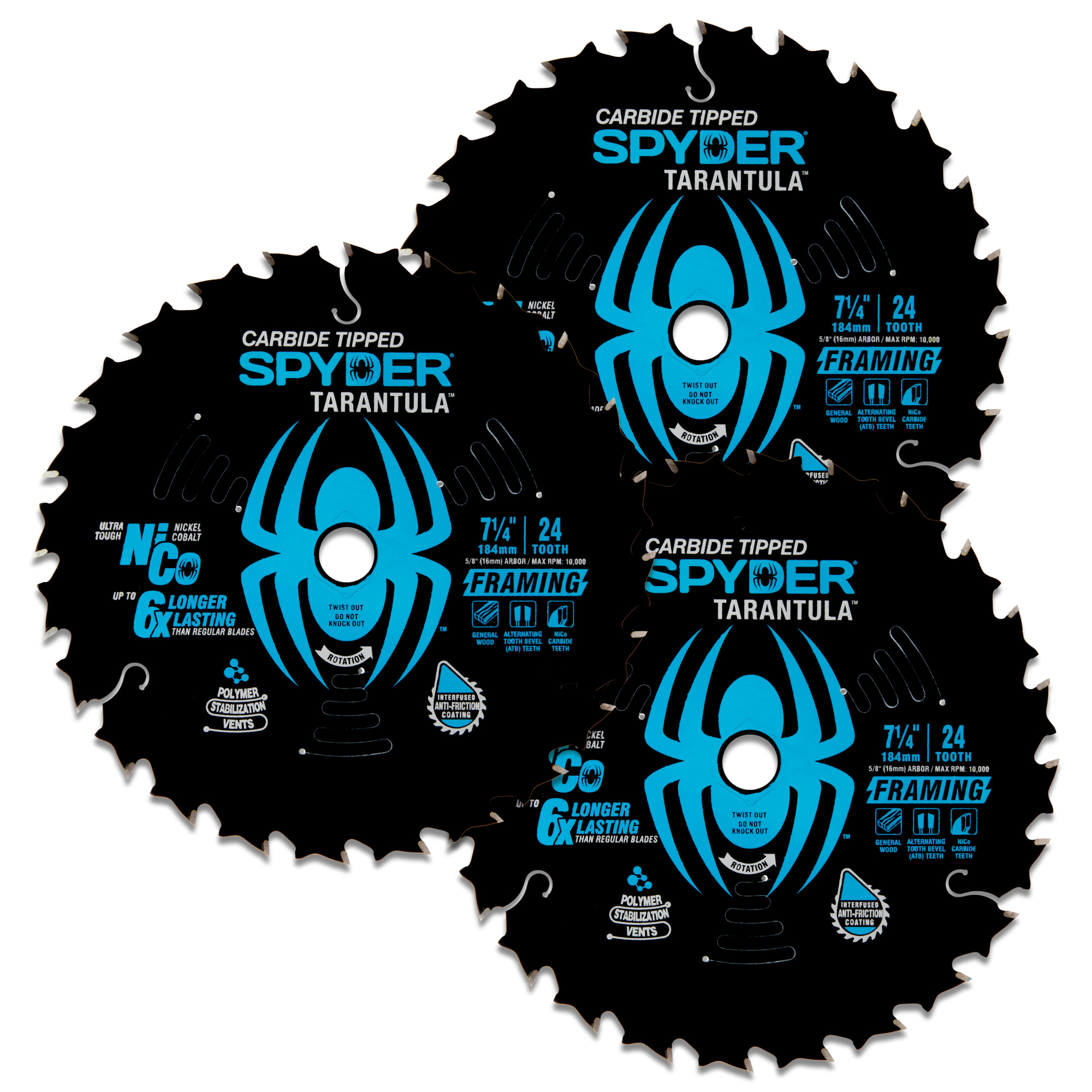 SPYDER, Frmg 7-1/4in. 24T TCT Stl Circ Tarantl Saw Blade 3pk, Blade Diameter 7 1/4 in, Included (qty.) 3 Model# 13050